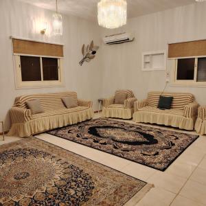 麦地那Khair Jewaar Apartments Al Madinah的客厅配有两张沙发和地毯。