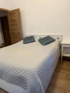 尼斯Villa Niçoise.3P. 5 min de la plage的一张带两个蓝色枕头的白色床