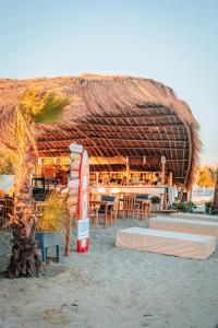 普拉亚布兰卡ABBY TOURISM的海滩上带稻草屋顶的餐厅