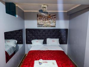 利马Hostal Paris的小房间,配有一张带红色毯子的床