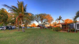 巴卡尔丁Barcaldine Caravan Park的一座棕榈树公园,位于一座建筑前