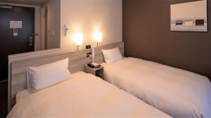 海南市Hotel Route Inn Grand Kainan Ekimae的酒店客房,设有两张床和镜子