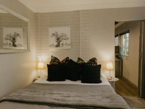 希尔克雷斯特Stacey's Apartment的一间卧室配有一张带黑色枕头的大床
