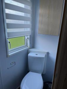 坦伯利GDs Luxury Caravan Hire Turnberry Holiday Park的一间带白色卫生间的浴室和窗户。