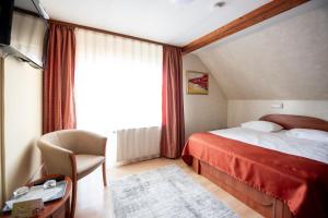 布拉索夫Pensiunea Andy的酒店的客房 - 带一张床、椅子和窗户