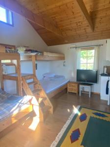 卡尔斯塔德Ulvsby Ranch的一间卧室配有双层床和平面电视