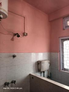 古瓦哈提Suryalaxmi guest house的一间带粉红色墙壁、卫生间和窗户的浴室