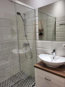 华沙Novo Mundo的一间带水槽和玻璃淋浴的浴室