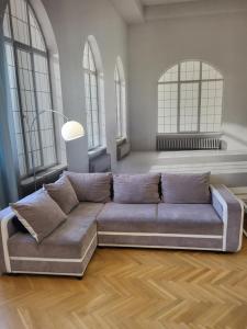 华沙Novo Mundo的一间带沙发的客厅,位于带窗户的房间