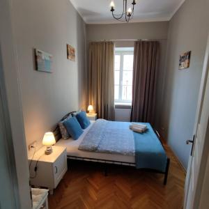 华沙Novo Mundo的一间卧室配有一张带蓝色枕头的床和一扇窗户。