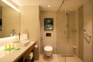 海得拉巴Hyatt Place Hyderabad Banjara Hills的带淋浴、卫生间和盥洗盆的浴室
