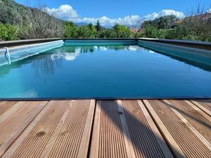 阿雅克修L'AMANDIER -LE FIGUIER-LES LAURIERS ROSES的一个带木甲板和蓝色海水的游泳池