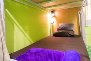 大城Plus Hostel Ayutthaya的一间小卧室,在绿色的墙上配有一张床