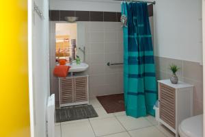 莱萨布勒-多洛讷海洋公寓酒店的一间带水槽和淋浴的浴室