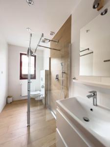 文盖尔斯卡－古尔卡贝斯奇迪安度假村的白色的浴室设有水槽和淋浴。