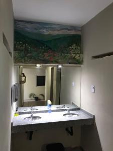 圣米格尔·德·图库玛Urban Jungle Hostel的一间带两个盥洗盆和大镜子的浴室