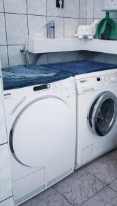 塞克希费黑瓦尔Bory Apartman, zárt udvari parkolás的浴室内提供白色洗衣机和烘干机