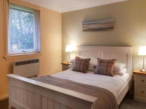 巴洛赫Loch Lomond Sanctuary Lodges的一间卧室配有一张带两盏灯的床和一扇窗户。