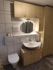 SandweierGroßes Haus für Monteure的一间带水槽、卫生间和镜子的浴室