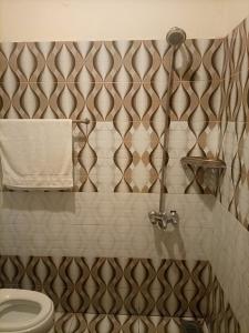 拉合尔Go Guest House Lahore的一间带卫生间和瓷砖墙的浴室