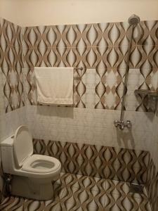 拉合尔Go Guest House Lahore的一间带卫生间和瓷砖墙的浴室