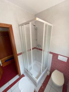 佩济诺克Motel na vrchu Baba s.r.o.的设有带卫生间的浴室内的淋浴间
