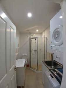 南迪New Door Apartments的带淋浴和盥洗盆的白色浴室