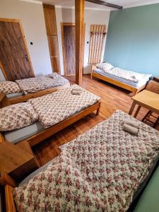 卡缅纳古拉Karkonoska Drewniana Chata的铺有木地板的客房内的三张床