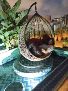 拉巴特利亚德马哈巴酒店的女人睡在泳池里的挂篮里