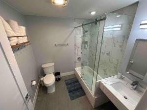 帕特森The Comfy Suite - 1BR with Free Parking的带淋浴、卫生间和盥洗盆的浴室