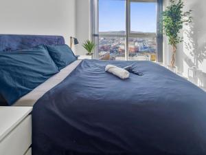 贝尔法斯特Sky High Ensuite Bedroom in Shared Apartment in Belfast City Centre的一张带蓝色棉被和窗户的大床