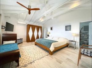 圣马丁岛Maison de Camille的一间卧室配有一张床和吊扇