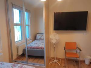 依尔福London Luxury 2 bedroom flat 4 mins to Ilford Stn Sleeps x8 Free Parking的一间设有镜子、电视和椅子的房间