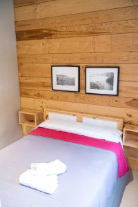 San Esteban de PraviaCarving Surf Hostel的卧室配有一张墙上有两张照片的床。