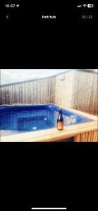 弗吕济Beautiful cottage with Mountain View的蓝色热水浴缸,里面装有一瓶