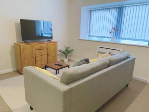 斯托克波特GALAXY APARTMENT的带沙发和电视的客厅