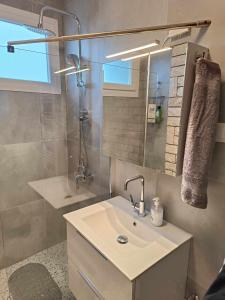 普托莱迈达Polys Apartment and Paraskevi studio with view的一间带水槽、淋浴和镜子的浴室