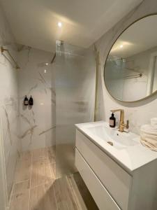 滨海贝亨Villa de Duinfazant的带淋浴、盥洗盆和镜子的浴室