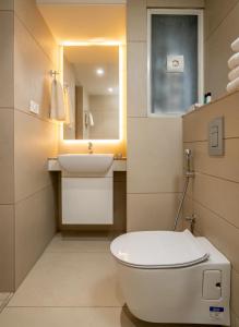 科钦The Trios Hotel的一间带卫生间、水槽和镜子的浴室