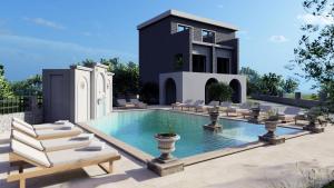 乌尔齐尼CAROLEA VILLAS的一座房子,里面设有游泳池、椅子和一座房子