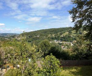 BrimscombeCotswolds cottage near Stroud, with amazing views.的从苹果树上欣赏到城市美景