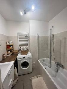 芒通Beau 2 pièces,Terrasse, Parking Menton Centre的白色的浴室设有洗衣机和淋浴。