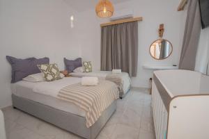 纳克索乔拉Nèsoi Villas Naxos的酒店客房,设有两张床和镜子