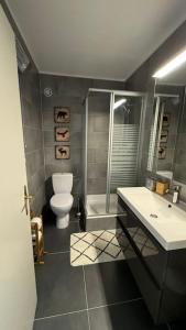 朗斯Appartement 4.5 pièces Crans-Montana的浴室配有卫生间、淋浴和盥洗盆。