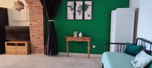 蒙达尼耶Apartments Tinjarosa的带沙发和电视的绿色客厅