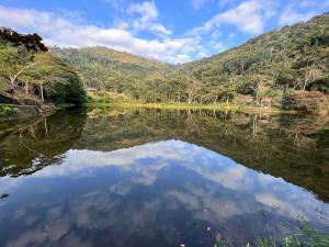 瓦索拉斯Hotel Fazenda Upã Moña的山中树木的湖泊