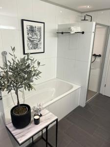 埃申Appartement ALLURE 4 Zimmer Gartenwohnung的带浴缸的浴室和桌子上盆栽植物