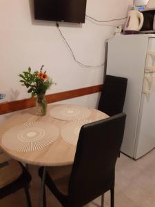 利纳迪奇Apartments Pavlović的厨房配有一张桌子,上面放着花瓶