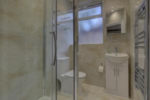 伦敦Streatham Hotel的一间带卫生间和玻璃淋浴间的浴室