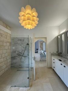 塔巴卡Dar Daniella - Small Design Luxury Hotel的带淋浴和吊灯的浴室